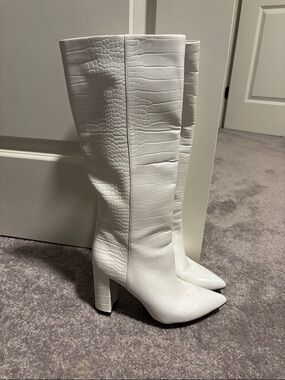 White Croc-Embossed Pointed-Toe Knee Boots